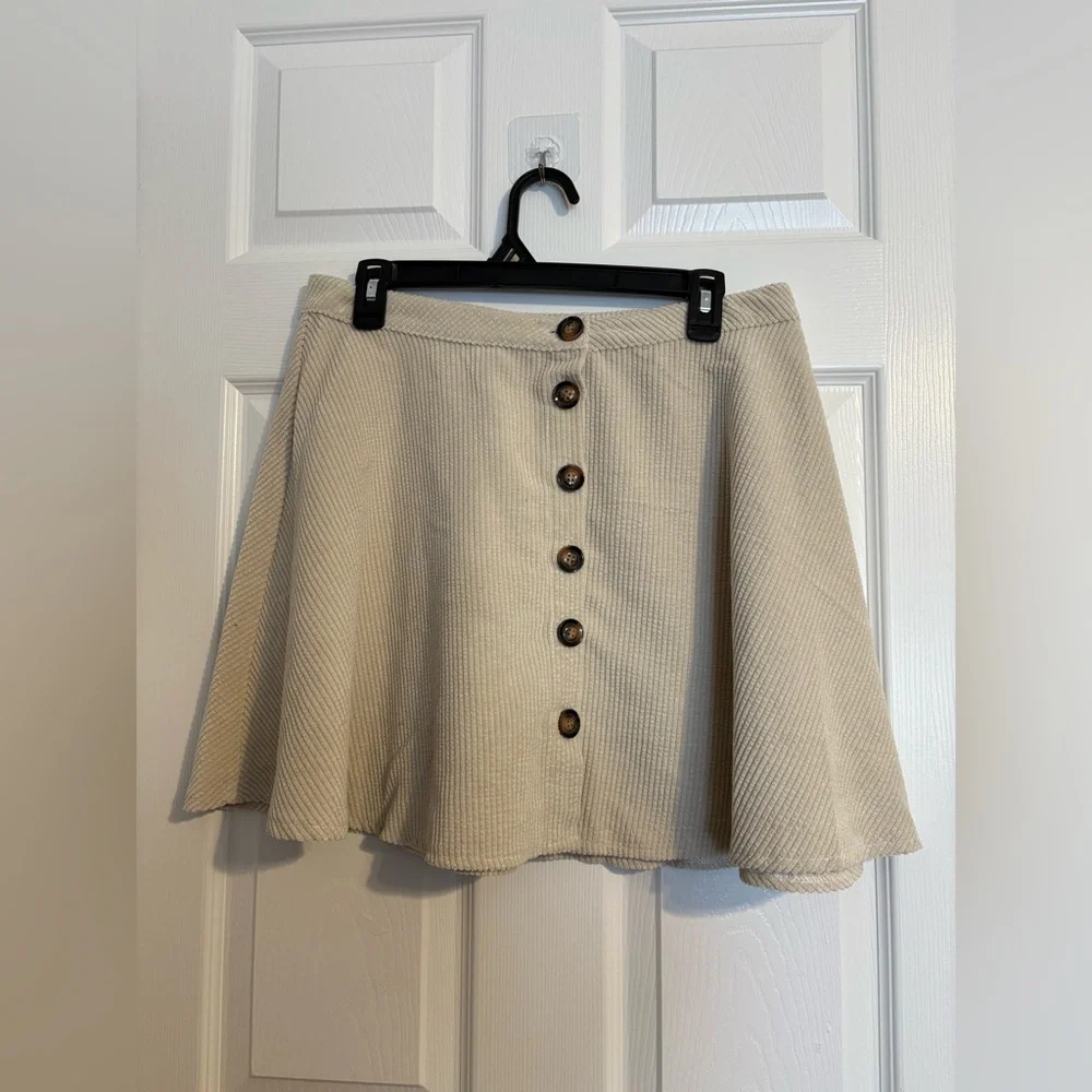 Shein Light Beige/Ivory Corduroy Button front Mini Skater Ribbed Skirt - Picture 2 of 6